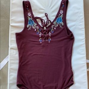 Maroon with blue flower embroidery bodysuit